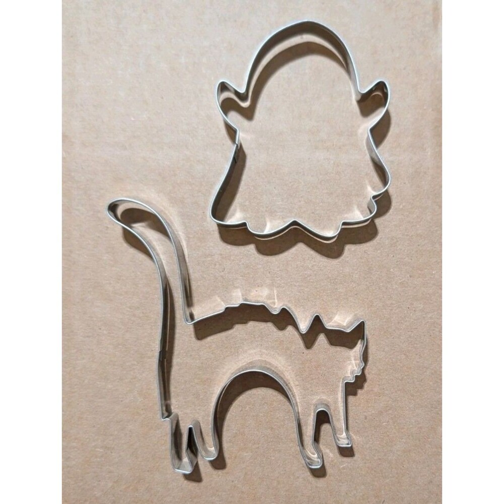 Halloween Cookie Cutters 2 Piece Metal Lot Arched Cat Waving Ghost Tin